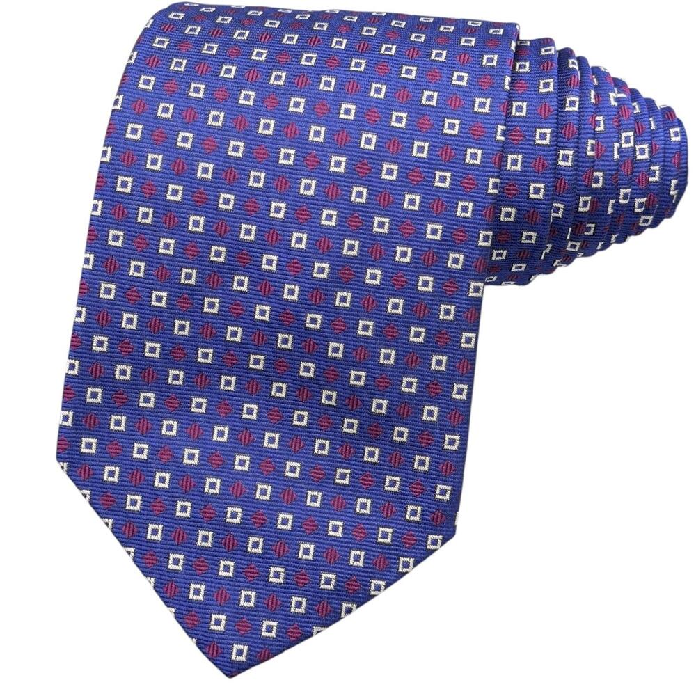 Lauren Ralph Lauren Silk Tie Neat Jacquard Squares Blue Red White USA 55"x3.75"